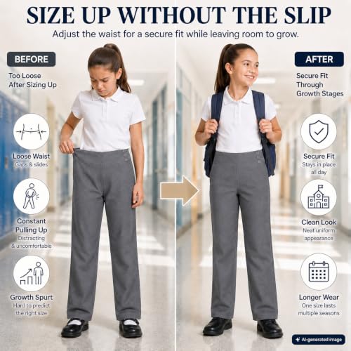 Image of Bienzoe Adjustable Waist Girls Pants: School Uniform Straight Leg | Growing kids Aged 3-13, Classroom, Campus Activities, Adjustable Fit Support, Private Academy Events, Soft Comfort, Easy Care