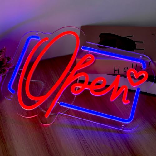 Image of Open Neon Sign, Neon Signs Lights for Wall Decor Store, Perfect Gifts for business owners, Dimmable Neon Light 13.3 * 10.3 in (Red and Blue)