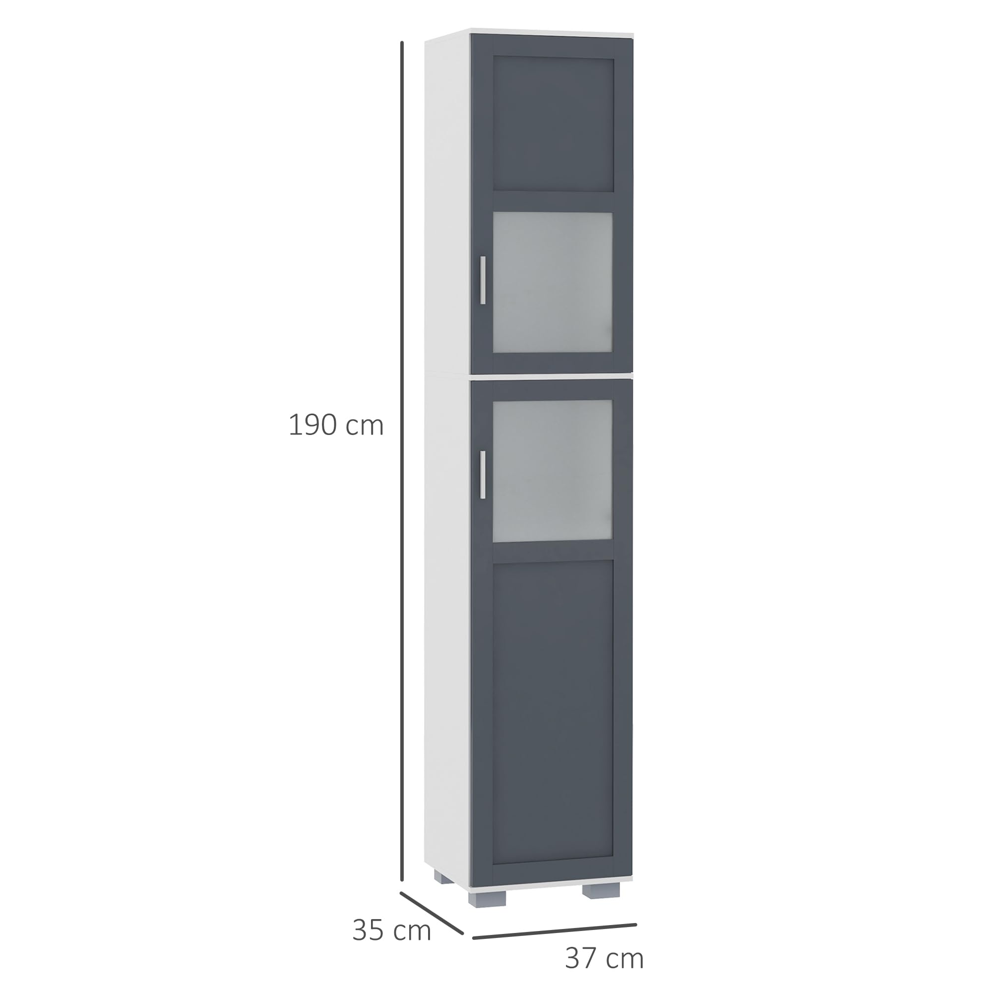 kleankin Armario Alto de Baño con 2 Puertas 37x35x190 cm Blanco y Gris | Mueble Columna de Baño, Vidrio Templado, Estantes Ajustables
