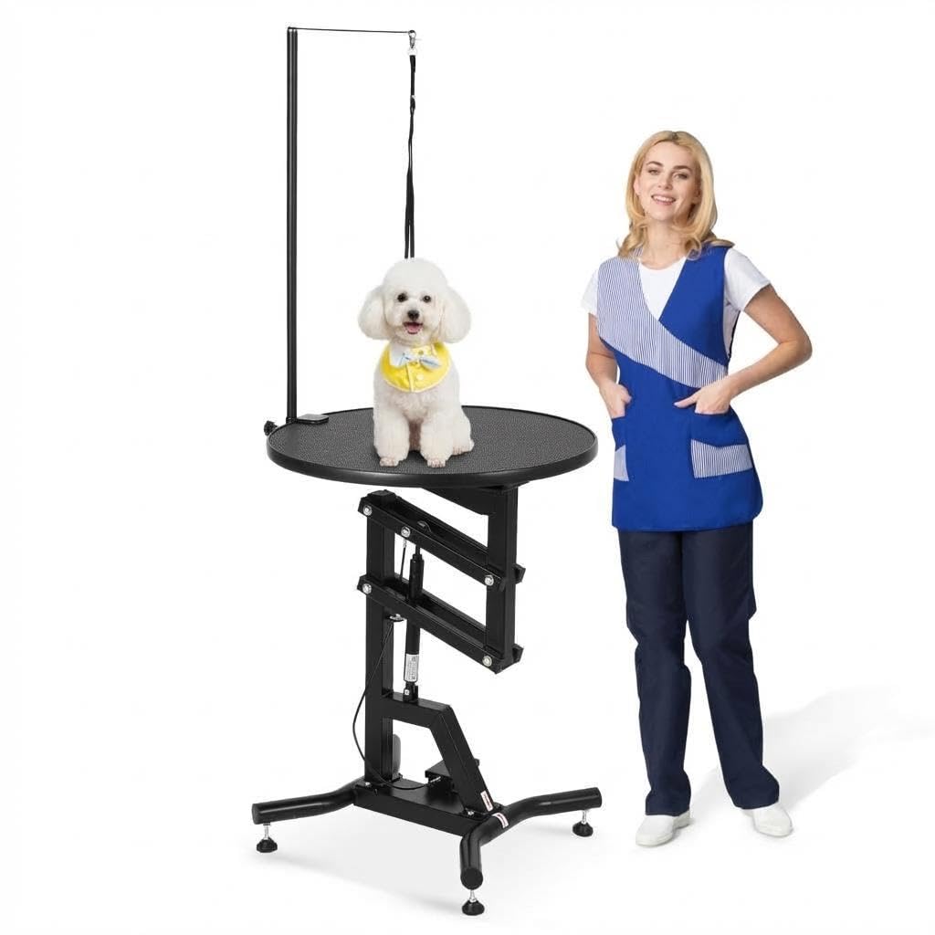 Tavolo da toelettatura per cani con sollevamento idraulico resistente, girevole a 360°, parte superiore antiscivolo, altezza regolabile (71-104,5 cm) con braccio sopraelevato e fermi di sicurezza