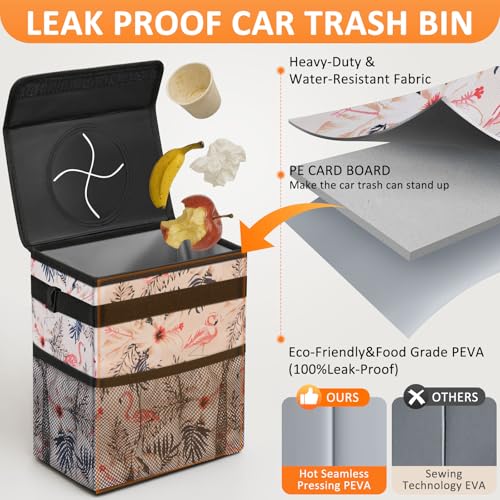 Image of Vankor Cute Car Trash Can for Car, Car Accessories for Women Interior Car Can Trash Bag Hanging Automotive Car Garbage Cans Pink Flamingos