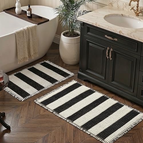 MatEssenz Bathroom Rugs Sets 2 Piece Absorbent Quick Drying Machine Washable Non Slip Bathroom Accessories 17x24+18x30 Black and White Stripes