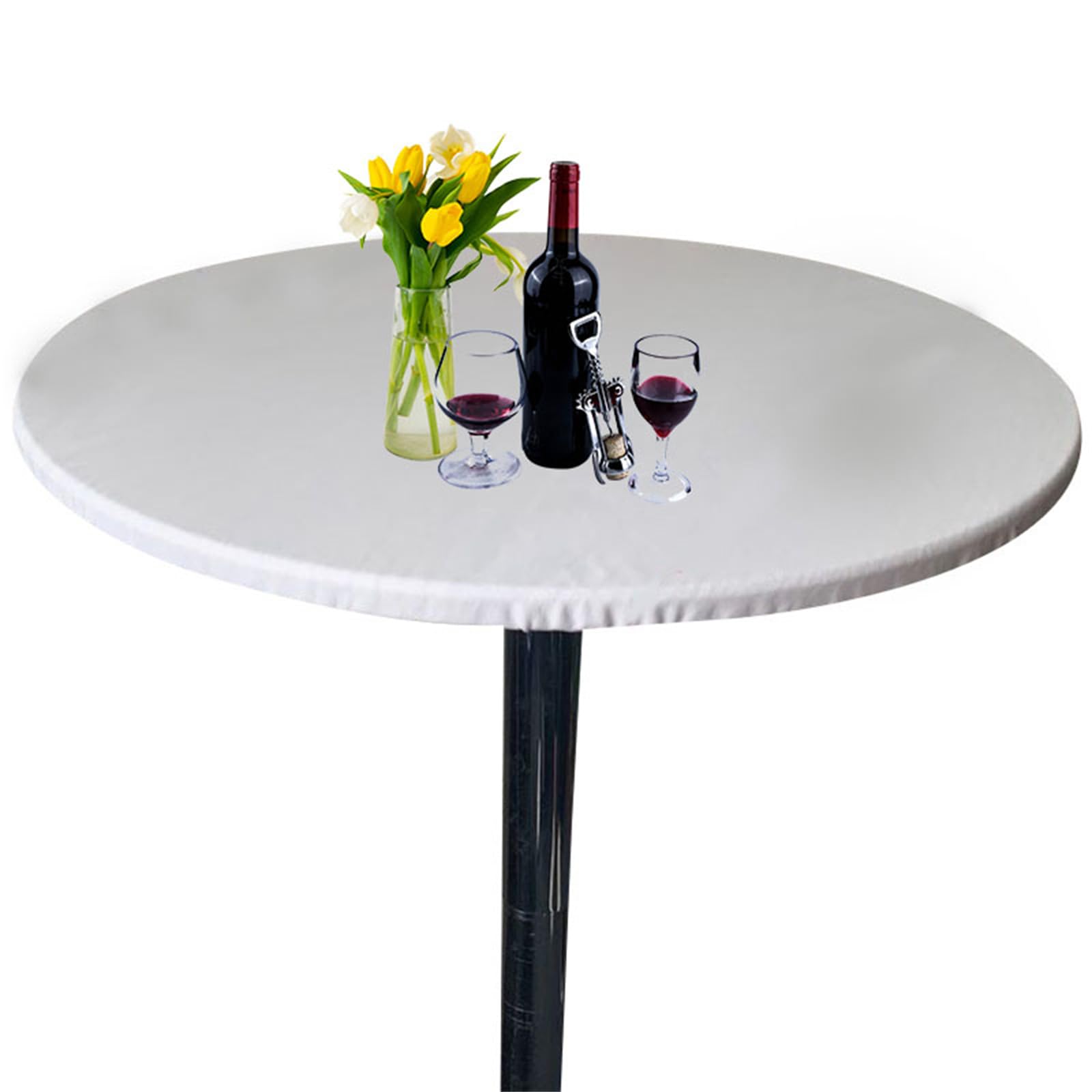 Highdi Round Table Cover with Elastic, Circle Table Cloth Fitted Stretch Fitted Tablecloth Non-Slip Round Table Protector Washable for Home Hotel Dining Outdoor Garden (130cm,White)