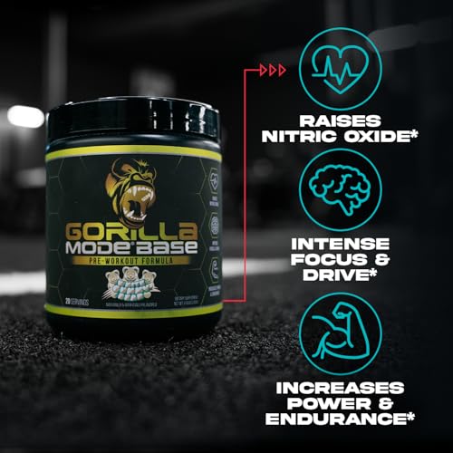 Image of Gorilla Mode Base Pre Workout - Raises Nitric Oxide . Intense Focus & Drive . Endurance . Power - L-Citrulline, L-Tyrosine, Betaine, Alpha-GPC, Caffeine, Huperzine A - 240 Grams (White Gummy Bear)
