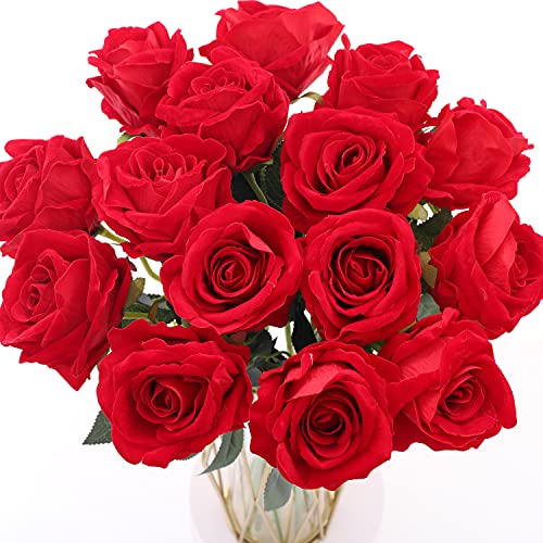 Cloudecor 15Pcs Artificial Roses Velet Real Touch Single Stem Fake Roses Silk Realistic Bouquet Flowers Arrangements Home Office Garden Grave Party Wedding Decoration (Red-15P, Blossom Roses) #TOP3