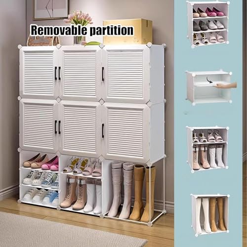 Image of Strassis Design Plastic Shoe Rack for Home | 6 Shelf DIY Shoe Rack with Door Magnets for Home Storage Plastic Box Organizer, Metal Door Frame, Chappal Slipper Sandals Stand (White,2 Door)