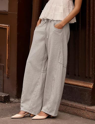 Women's Striped Barrel Pants Drawstring Waist Wide Leg Trousers Pockets Casual Comfort for Office Lounge Travel(Ivory-M)4