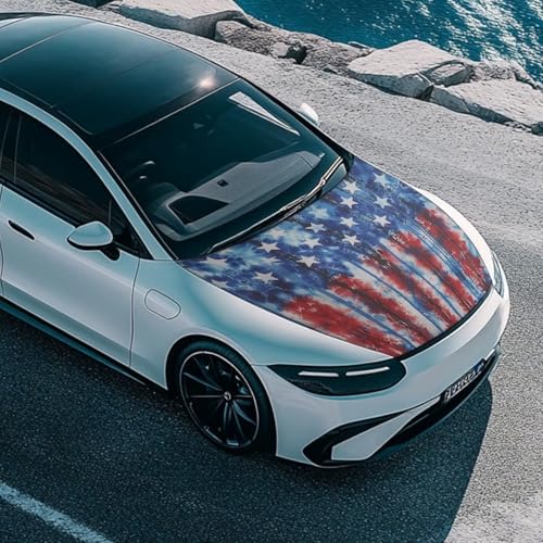Image of Car Hood Cover, Car Hood Wrap Blanket American Flag Stretchable Waterproof Automotive Outdoor Decorations for Compact SUV Sedans Trucks (59x39 Inch)