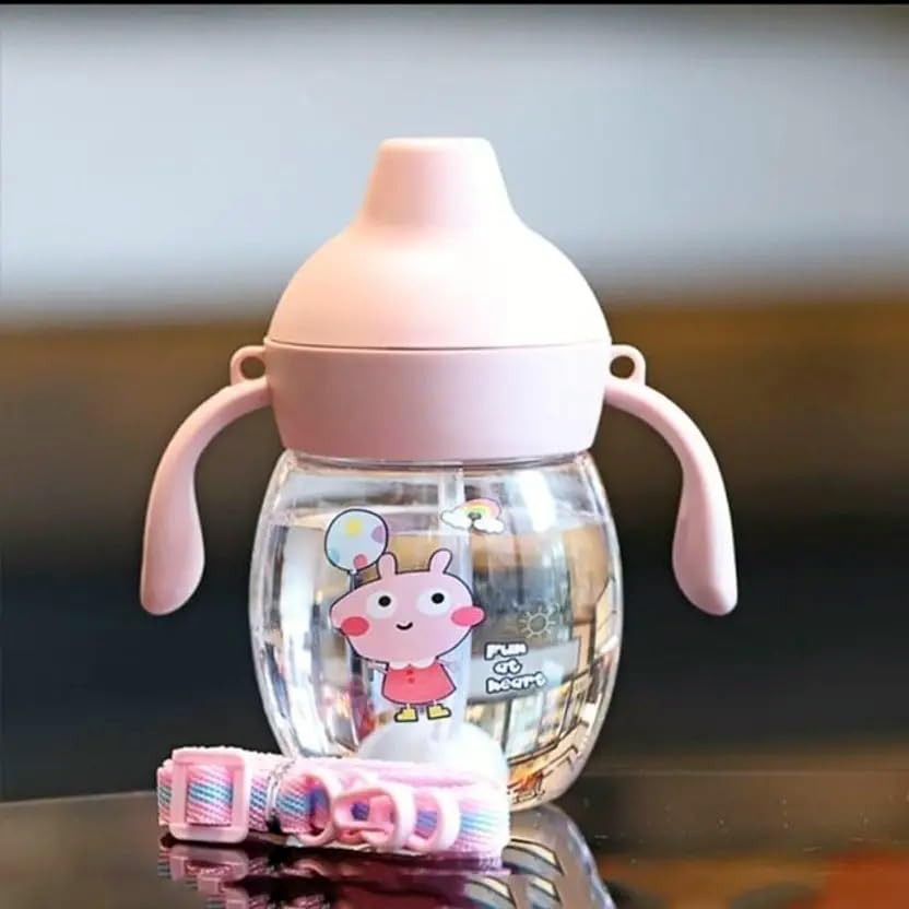 Kids Sipper Cup with Handles, Soft Silicone Water Bottle with Weighted Straw, Cartoon Character Print, with Strap BPA Free, (300 ml)-image-43