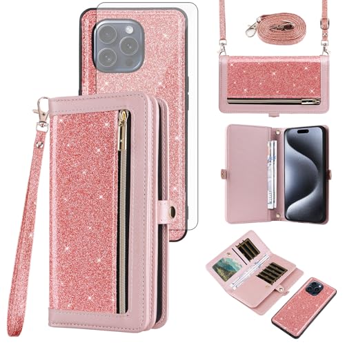 Coque portefeuille iPhone 15 Pro Max zippée paillettes pour libérer vos mains en soirée