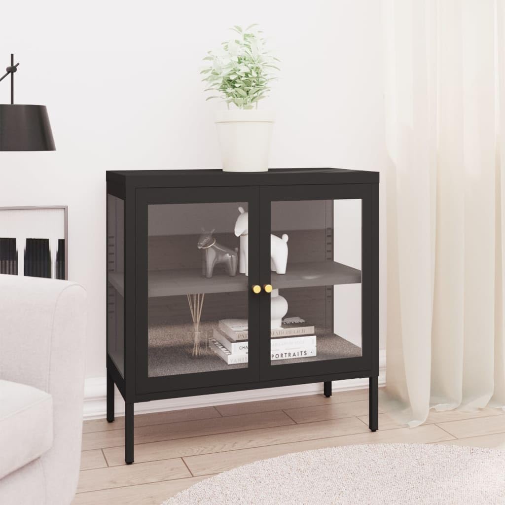 Aparador negro 70 x 35 x 70 cm, acero y cristal, con estantes ajustables, para salón, cocina, pasillo, espacio de almacenamiento versátil