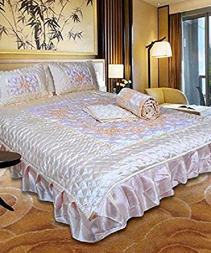 STITCHY Beautiful VIP Satin Floral Double Bed Bedding Set , 2 Pillow Cover 1 Beautiful Fitted Satin Bedsheet 1 Satin Quilt /Razai King Size Bedding Set, 4 Piece, Cream