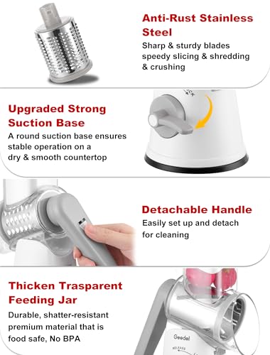 Image of Geedel Rotary Cheese Grater Cheese Shredder - Upgraded 5-in-1 Cheese Grater with Handle and Strong Suction Base, Multi-purpose Vegetable Slicer Ice Shaver Nuts Grinder for Cheese, Vegetables, Ice