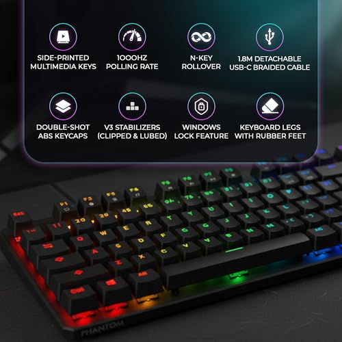 Image of TECWARE Phantom+ 87 Mechanical Gaming Keyboard | RGB LED Backlit | Hot Swappable Wraith Red Switches | 87 Key TKL Layout | Thocky Sound Profile | Detachable USB-C Wired | Black