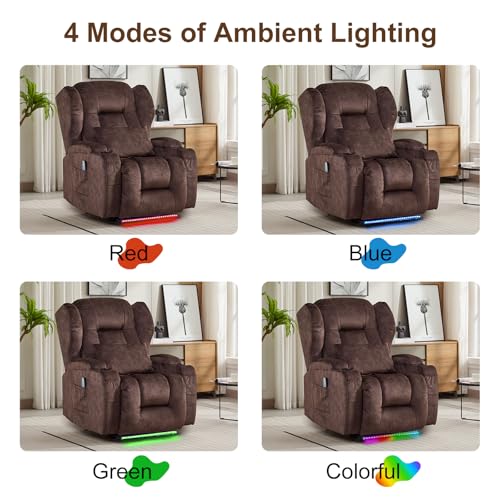 Image of DRMBOOK Power Recliner Chair, Electric Wall Hugger Reclining Sofa with Massage & Heat, Overstuffed Theater Seating with LED /USB Port /Cup Holders for Living Room (Velvet Brown, 1 Chair)