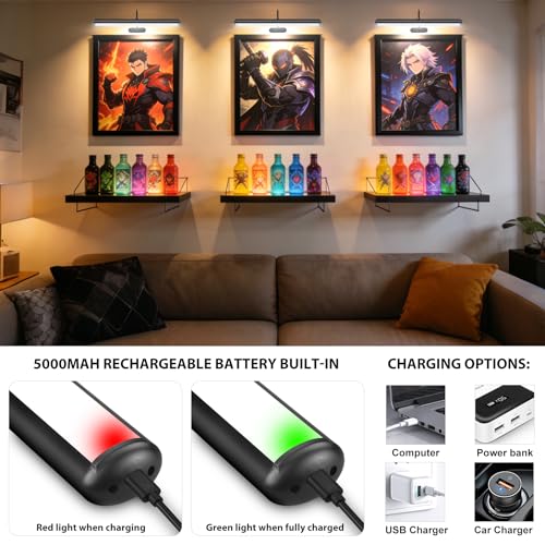 Image of Set of 2 Picture Lights with Timer Dimmer, Painting Light with Remote Rechargeable Battery ,Wall Art 3 Lighting Colors Temps,16inch Full Metal Over Picture Painting Frame Dartboard Gallery Hallway