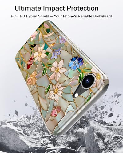 Image of Goodon for iPhone 16e Case Cute,Aesthetic Vintage Mosaic Stained Glass Shell Design,Glossy Floral Pattern,MagSafe Compatible,Preppy Trendy Y2K Protective Silicone Phone Cover for Women Girls | Dual-Layer Hard Shell + Silicone, Slim Fit Protective Phone Cover with Wildflower Designs for Women Girls