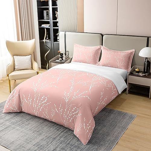 Blush Pink Branches Bedding Duvet Cover 100% Cotton Set Reversible Flower Plum Blossom Bedding Set 100% Cotton Decor Leaves Comforter Cover Set Bedspread Cover Bedroom Bedclothes Single - Image 2