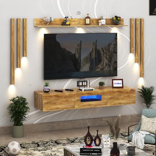 Image of Anikaa LucenNote Engineered Wood Wall Mount TV Unit with Acrylic Blue LED Storage Box, Wooden Accent Spotlight Panels for Living Room, Fits Up to 55 Inch TV, Giantwood DIY Installation