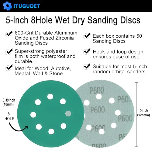 Image of 5 Inch 8 Hole 600 Grit Zirconia Alumina Hook & Loop Sanding Discs, Heavy-Duty Polyester Film Backing, Wet /Dry Anti-Clog for Random Orbital Sanders - Wood, Automotive, Metal - 50 Pack
