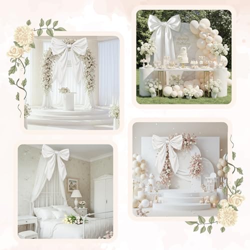 GUDELAK 43 x 24 Inches Large Bow Themed Party Decorations Giant White Bow Decor Satin Ribbon, Contains Felt Big White Bow Wall Decor Girl Coquette Birthday Wedding Decorations by GUDELAK - Image 8