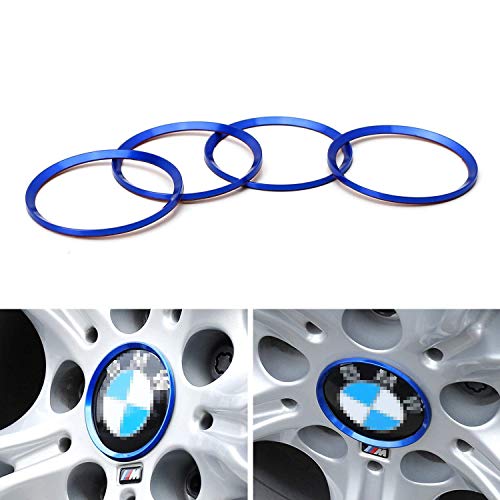 iJDMTOY (4) Anodized Blue Aluminum Wheel Center Cap Surrounding Ring Decoration Trims Compatible With All BMW 68mm Center Caps
