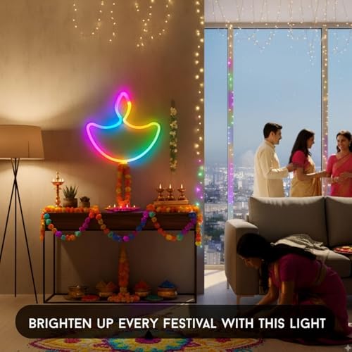 Image of One94Store Diwali Diya Neon Sign Light | Multicolor LED Neon Rope for Home, Mandir & Pooja Room Decoration | IP65 Waterproof Indoor Outdoor Festival Decor
