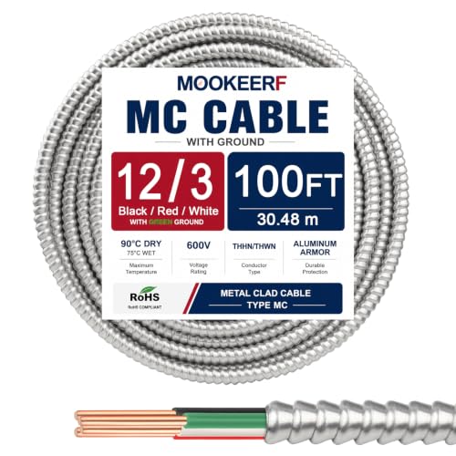 Image of MOOKEERF 12 /3 MC Cable with Ground - 100FT Pure Copper 12AWG /3 Metal Clad Wire with Aluminum Armor 12 Gauge 3 Conductor Type MC Alum Cable