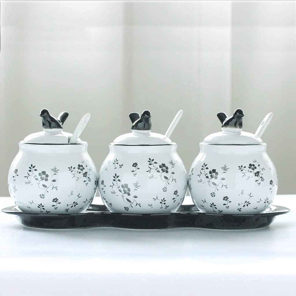 Seasoning Bottle Set Set of 3 Ceramic Little Bird Spice Jars Sugar Bowl Container with Lids Spoon and Ceramic Tray Condiment Seasoning Box Container Pot Set （Black and White） Spice Bottle Set