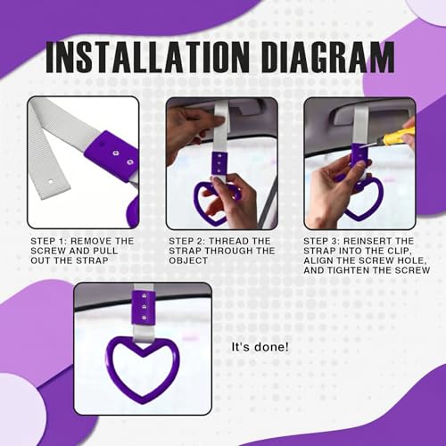 Image of 2PCS Heart Shaped Car Handle Straps, Rear Bumper Warning Keychain Ring for Car Exterior Accessories (Purple-Silver)