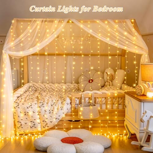 Image of JMEXSUSS USB Plug in Curtain Lights 200 LED with 8 Modes, 6.5ftx6.5ft | Remote, Warm White Curtain Fairy Lights, String Lights for Bedroom, Classroom, Dorm, Wedding, Xmas, Party Decor