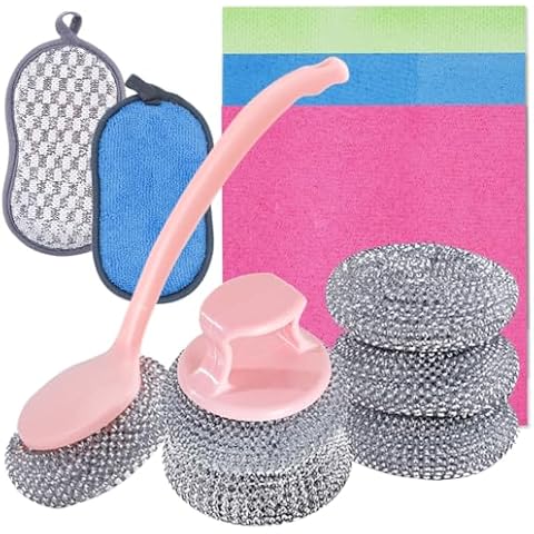 Stainless Steel Sponges Set with Handle, FULANDL 6PCS Steel Wool Scrubber With 3PCS Cellulose Sponge Cloths 2PCS Dual-Sided Scrub Sponges, Scrubbing Scouring Pad Dishes Scrub Cleaning Ball for Kitchen Cover
