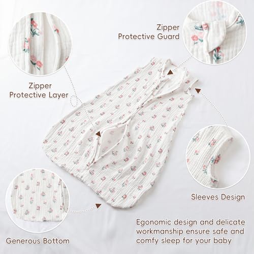 Image of david's kids Muslin Cotton Baby Sleep Sack 6-12 Months, 2 Pack 100% Cotton Sleep Sack for Summer, TOG 0.5 Baby Wearable Blankets with 2-Way Zipper, Soft Sleep Sacks for Newborn, Rabbit & Floral