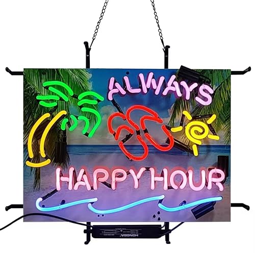 Neon Signs Beer Bar Bedroom Always Happy Hour Palm Tree Glass Neon Signs for Office Pub Cafe Party Man Cave Neon Light Art Wall Lights 24 X 20 Inches High Definition Jet Graphic Printing Board