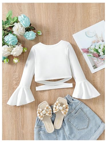 Image of BEAUDRM Girl's Long Bell Sleeve Shirt V Neck Flare Sleeve Tee Shirt Criss Cross Ruffle Crop Top White 5Y