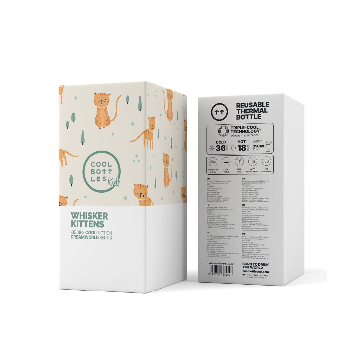 Cool Bottles - Bottiglia d'acqua in acciaio inox per bambini, bottiglia termica per bambini - Bevande fredde per 36 ore e calde per 18 ore- Whisker Kittens 350ml
