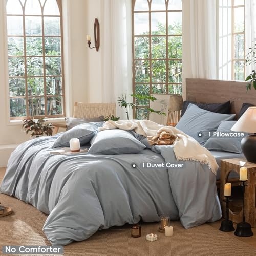 Image of MooMee Wavy Striped Duvet Cover Set 100% Washed Cotton Linen Like Textured Breathable Durable Soft Comfy (Cornflower Blue, Twin 68 inchx90 inch)