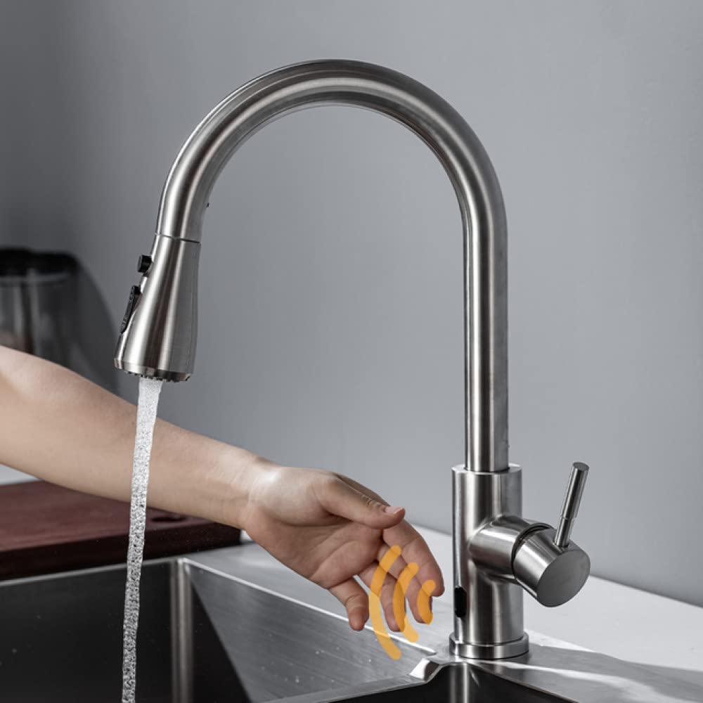 Robinet de cuisine sans contact infrarouge hwx avec douchette extractible brossée