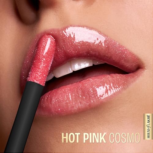 Image of Lakme Glitterati Lip Glaze, for Plump and Shiny Lips, with Vegan Collagen and Crystal Technology, Non-Sticky Formula, Glitter Infused, Delicious Coconut-Vanilla Scent, 203 Hot Pink Cosmo 5ml