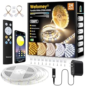 White LED Strip Lights, 100ft Dimmable Bright 24V Led Tape Light with Remote and App Control, 2700K-6500K White 1440 LEDs Lights for Bedroom, Kitchen, Ceiling (1 Rolls of 100ft)