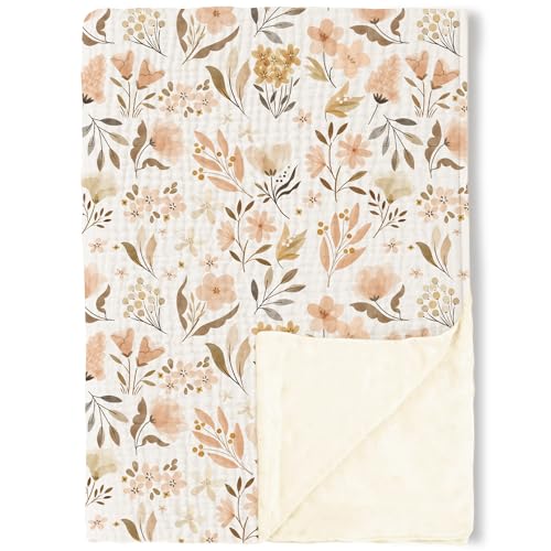 Image of Konssy Baby Blankets for Unisex Boys Girls, Super Soft Nursery Minky Blankets with Muslin Cotton Front and Dotted Fleece Backing, Printed Bed Throws Newborn