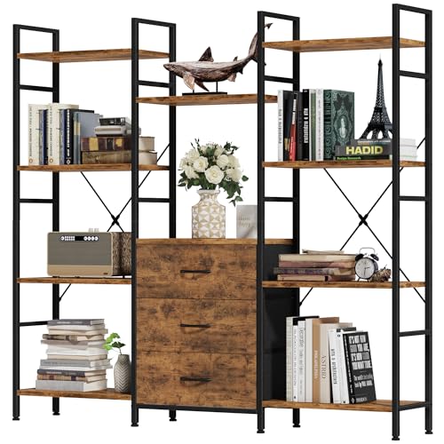 OYRREU 120W x142Hcm Alta Libreria con 3 Tessuto Cassetti, 10 Cubi Libreria Scaffale Legno Rustico,...
