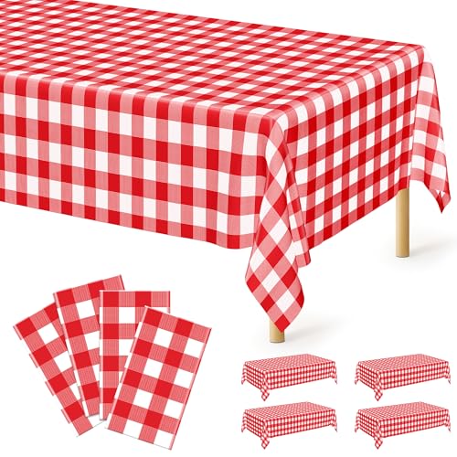 Image of 4Pack Plastic Table Cloth Ddisposable, 54 inch x 108 inch Table Cloth Rectangle Table, Waterproof Red and White Checkered Tablecloth, Outdoor Picnic Table Cover for Birthday Party Gathering Holiday Dinner