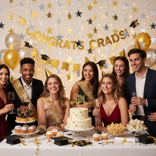 Image of Patelai Glitter Star Garland Banner 2026 Party Decoration Double Side Star Hanging String Streamer Paper Twinkle for Graduation Wedding Birthday(Gold and Silver,130 Feet)