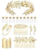 FASACCO 17 Pcs Greek Goddess Costume Accessories Women Toga Costume Golden Leaves Crown Headband Coil Bracelet Hair Comb Earrings Goddess Headpiece for Women Wedding Party