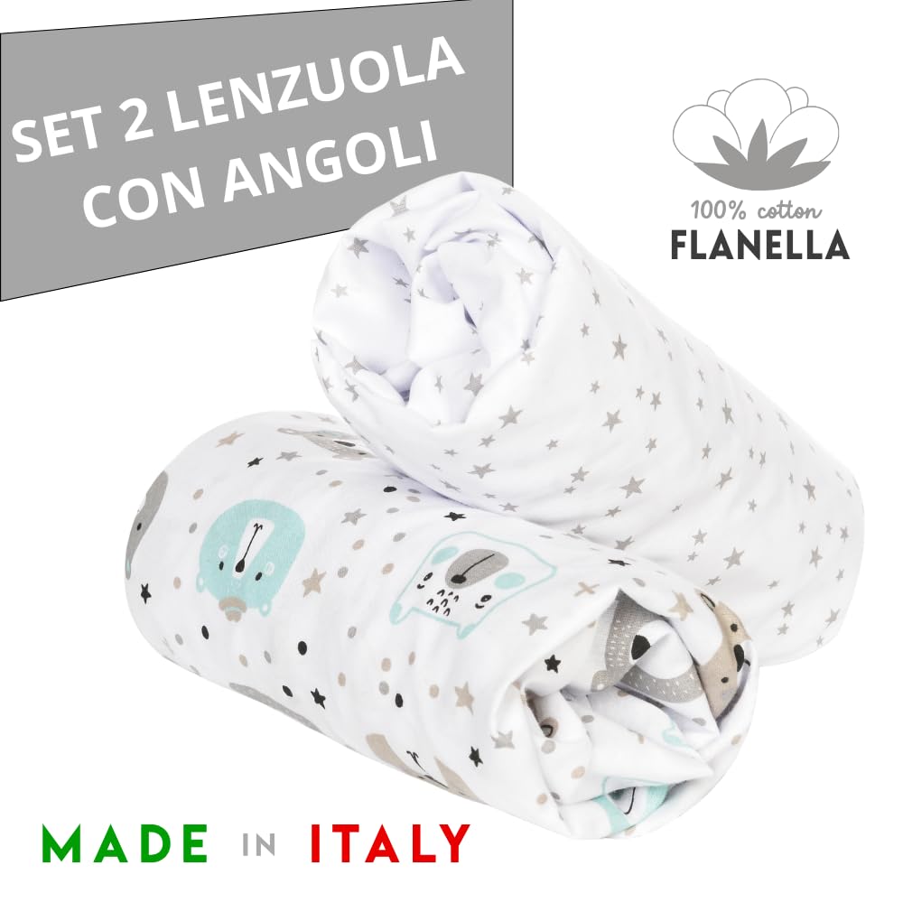 Flyideas Set Lenzuola con Angoli Flanella 100% Caldo Cotone Morbido Lenzuolo Invernale per Culla Fianco Letto Neonato (2 Lenzuola, 120x60 cm)