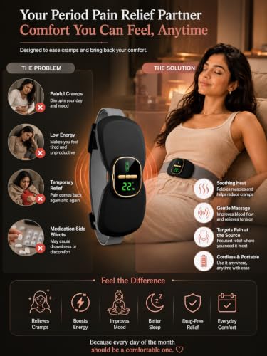 Image of Comfytemp Period Cramp Relief Massager with 3 Heat & 3 Massage Modes, Portable Cordless Electric Heating Pad for Pain Relief, Back & Belly Heating Belt with LED Display, Rechargeable Menstrual Device