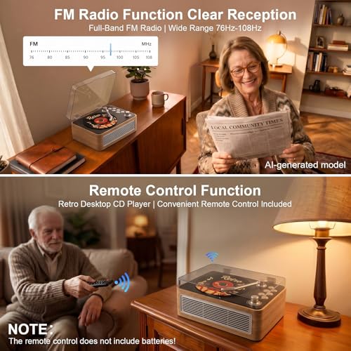 Image of Gueray Retro CD Player Portable Bluetooth: CD Players with Speakers Vintage CD-Player 3600mAh Rechargeable & Radio & Remote Control Support USB /AUX Playback Headphone Jack (Walnut Color)