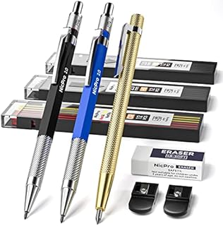 Nicpro Mechanical Carpenter Pencils Set 2.0 mm, Carbide Scriber Tool with 36 Marker Lead Refills Black &Colors, Erasers, Sharpener for Ceramics, Woodworking, Glass, Hardened Steel