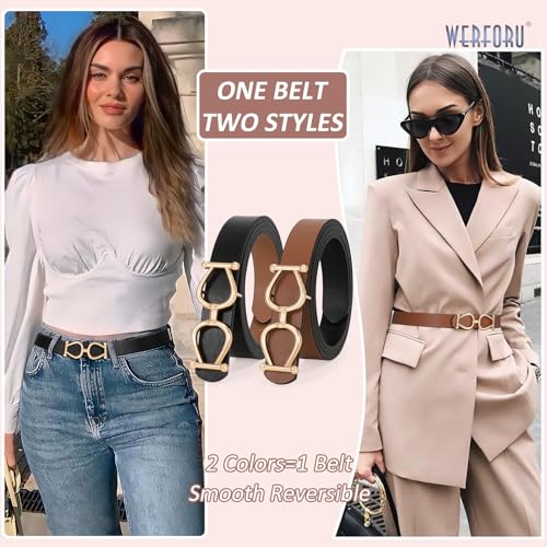 WERFORU Women Reversible Leather Belt for Jeans Pants, Two-in-One Ladies Gold Buckle Black and Brown Leather Belt2